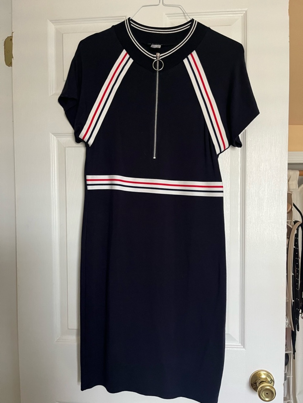Venus Navy Zip-Front Casual Dress with Striped Trim